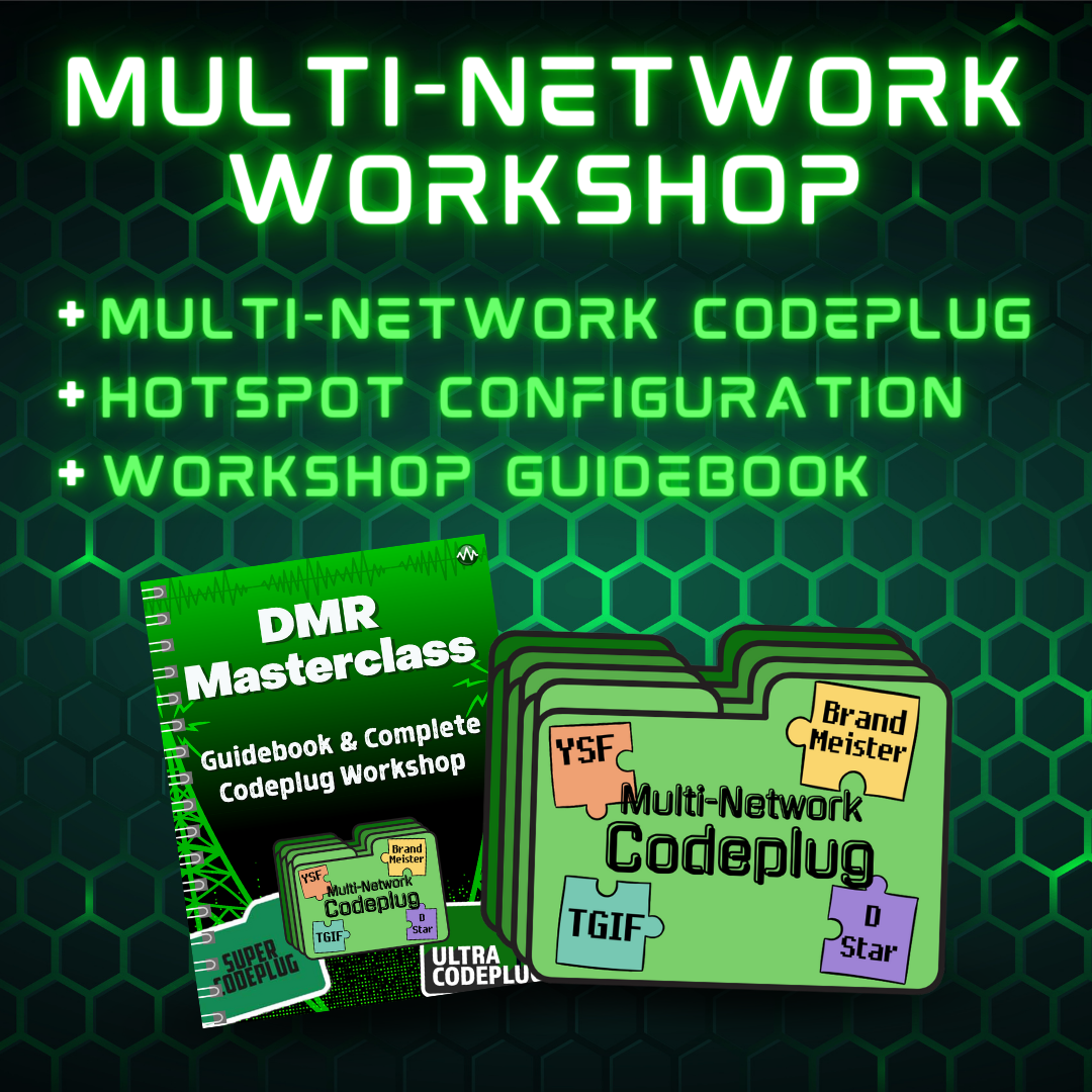Calling all digital radio enthusiasts! Join our "Multi-Network Workshop (with FREE Codeplug!)" and dive into the world of DMR with our comprehensive Masterclass Guidebook & Complete Codeplug Workshop. The visual showcases network files tagged with "YSF," "TGIF," "Brand Meister," and "D-Star." Learn how to conquer Digital Radio Networks with exclusive tips tailored for AnyTone Radios. Don't miss out on this opportunity to elevate your skills!