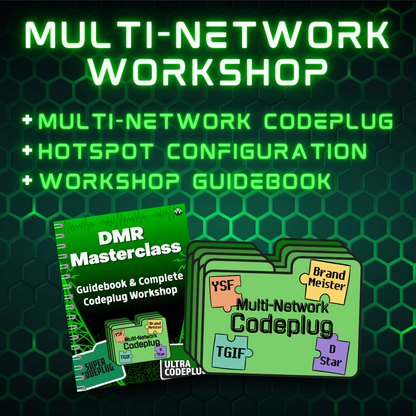 Calling all digital radio enthusiasts! Join our "Multi-Network Workshop (with FREE Codeplug!)" and dive into the world of DMR with our comprehensive Masterclass Guidebook & Complete Codeplug Workshop. The visual showcases network files tagged with "YSF," "TGIF," "Brand Meister," and "D-Star." Learn how to conquer Digital Radio Networks with exclusive tips tailored for AnyTone Radios. Don't miss out on this opportunity to elevate your skills!