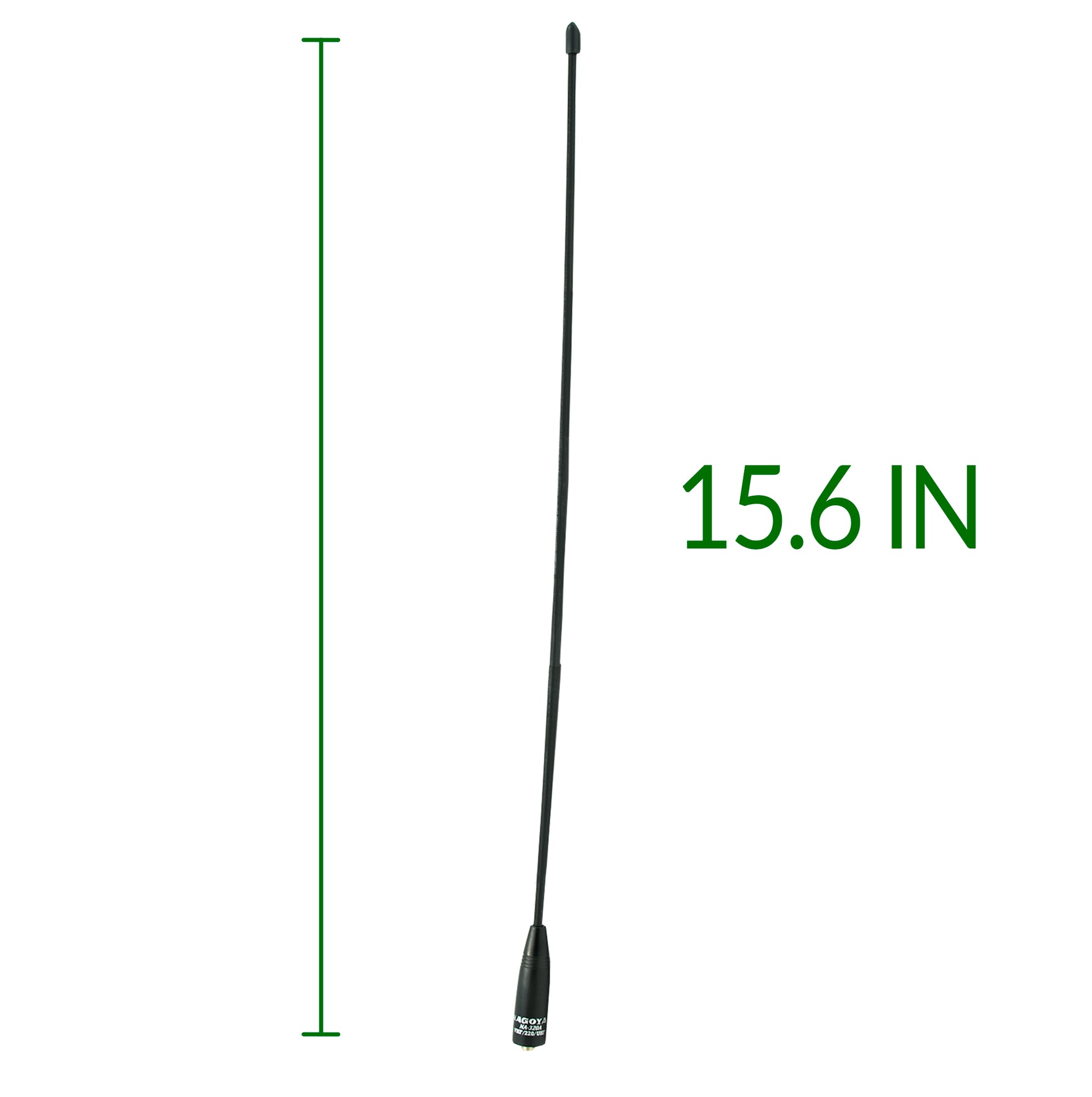 Image of a black, vertically aligned 17.7-inch Genuine Nagoya NA-320A Triband HT Antenna against a white background. The antenna's length is indicated by a green line and marked with the measurement "17.7 IN" in green text beside it, featuring an SMA female base for optimal connectivity.