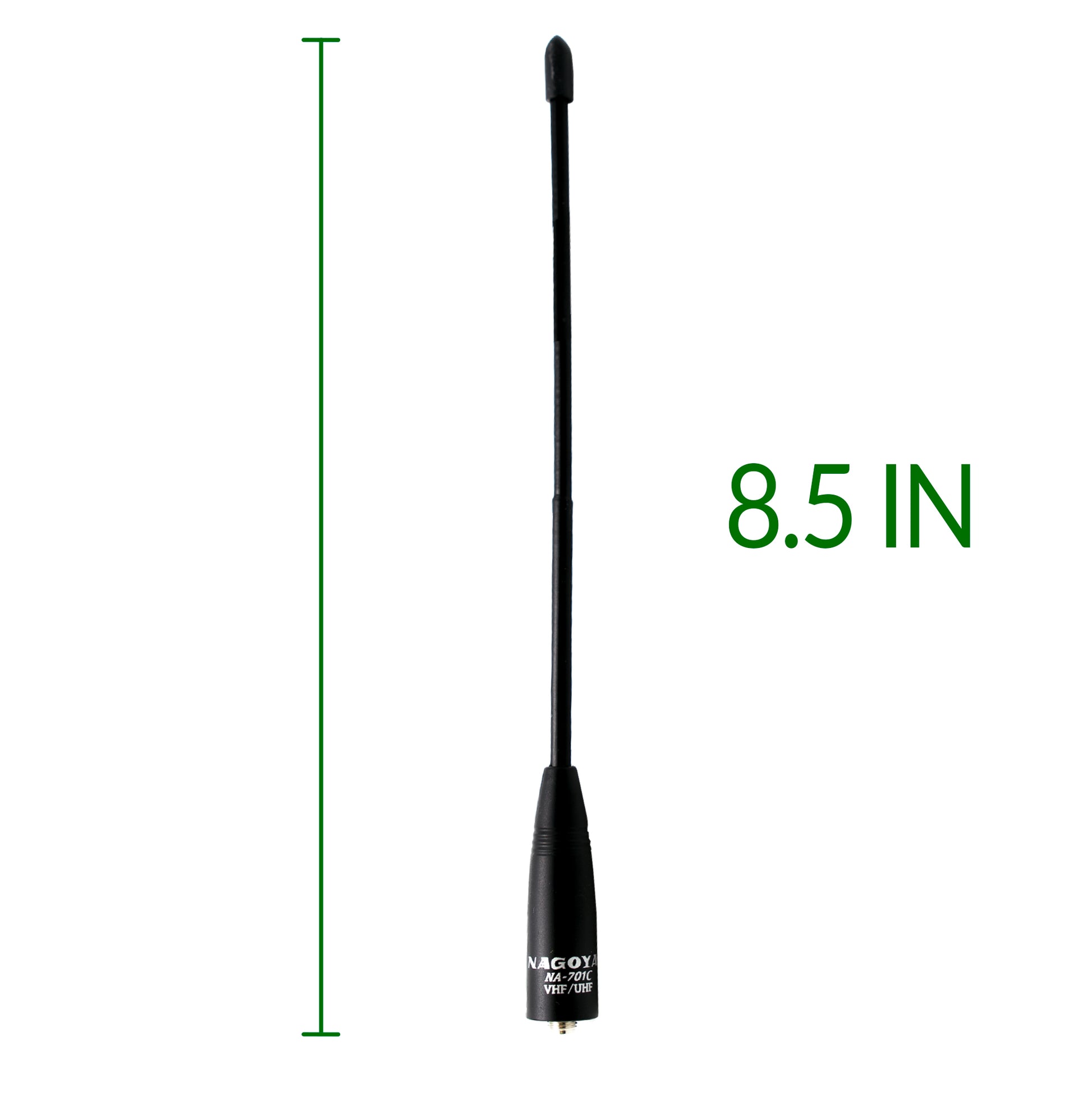 A black Nagoya NA-701C 8-Inch Whip (155/455Mhz Commercial) Female Antenna, measuring 8 inches in length. The antenna is displayed vertically with a green measurement line and the length indicated in green text to the right. Perfect for handheld radios, this Nagoya antenna ensures reliable communication.