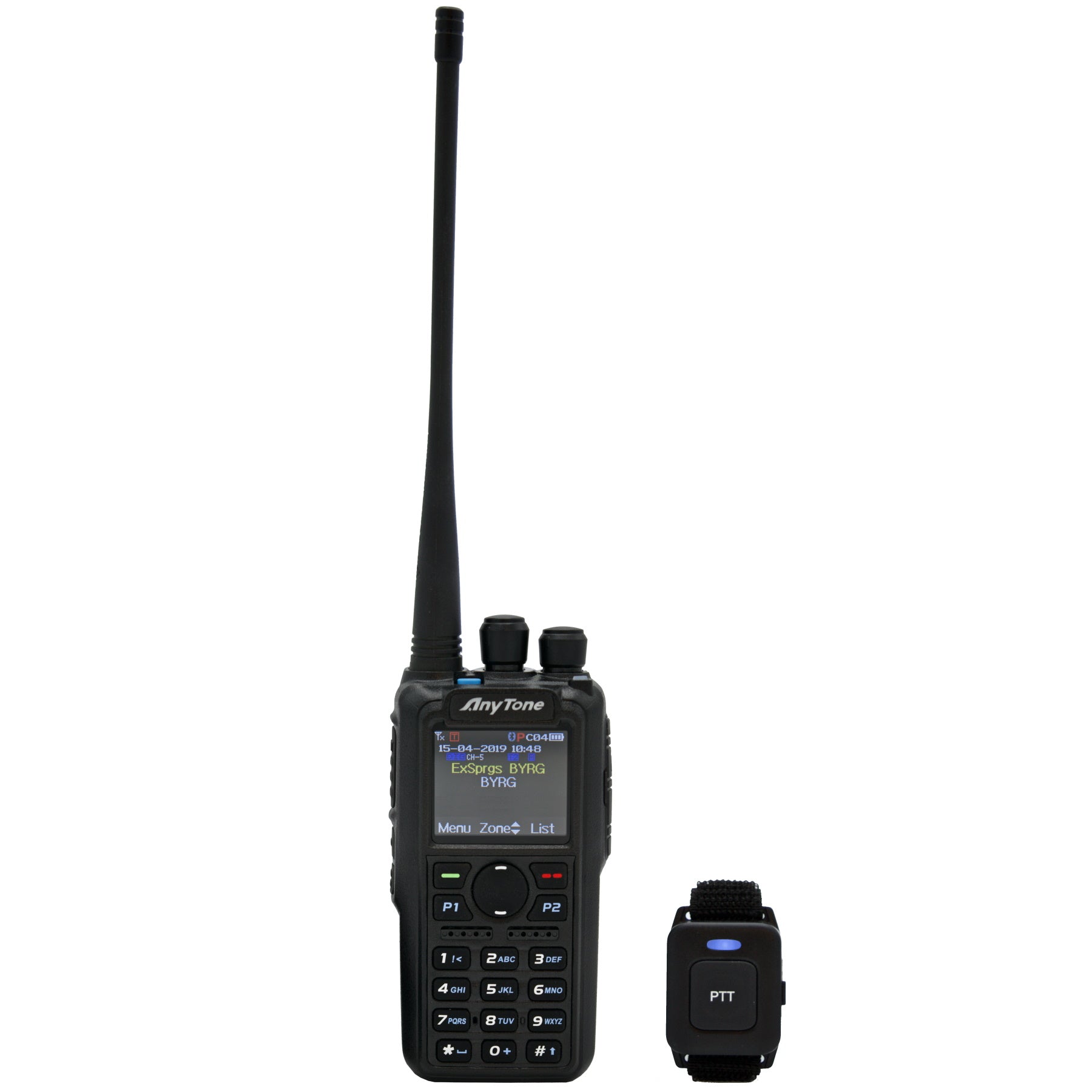 The B-Stock AnyTone AT-D878UV PLUS is a portable two-way radio featuring a long antenna and multiple front-facing buttons, including a numeric keypad and various function keys. Displayed next to this radio is a black wristband equipped with a push-to-talk (PTT) button. The screen on the radio shows various settings and information. Limited stock available!