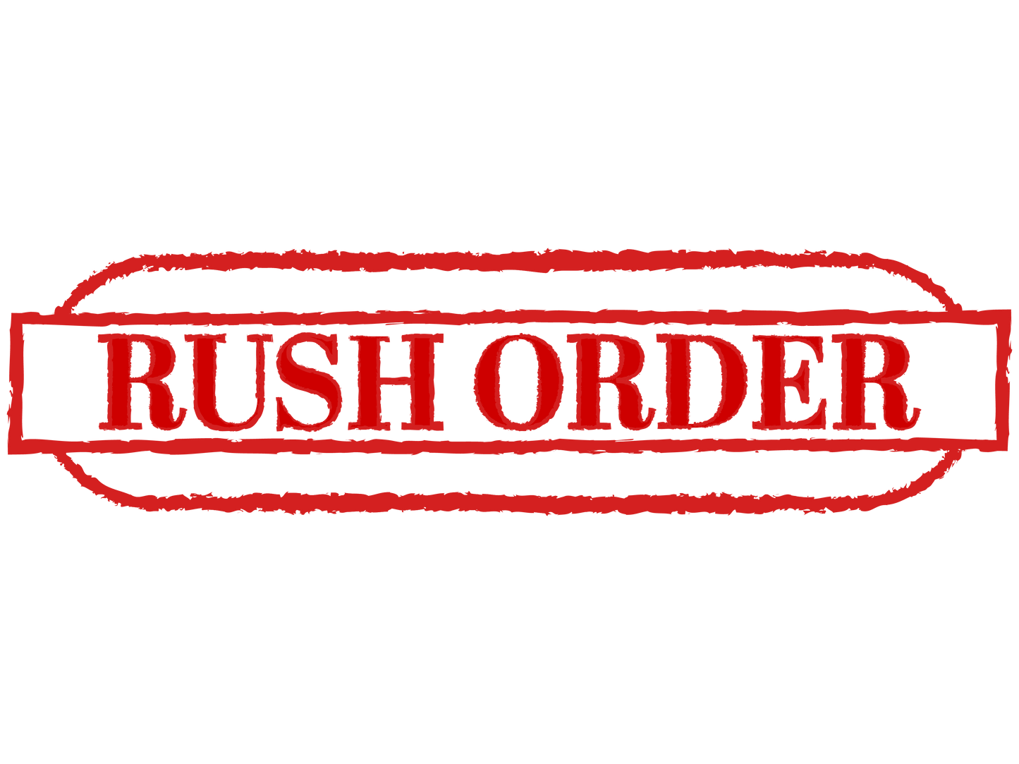 A red and black stamp-like graphic with bold text in the center that reads "Rush Order - Radio/PNP." The design features rough edges and rectangular borders around the text, emphasizing faster shipping and reduced production time.