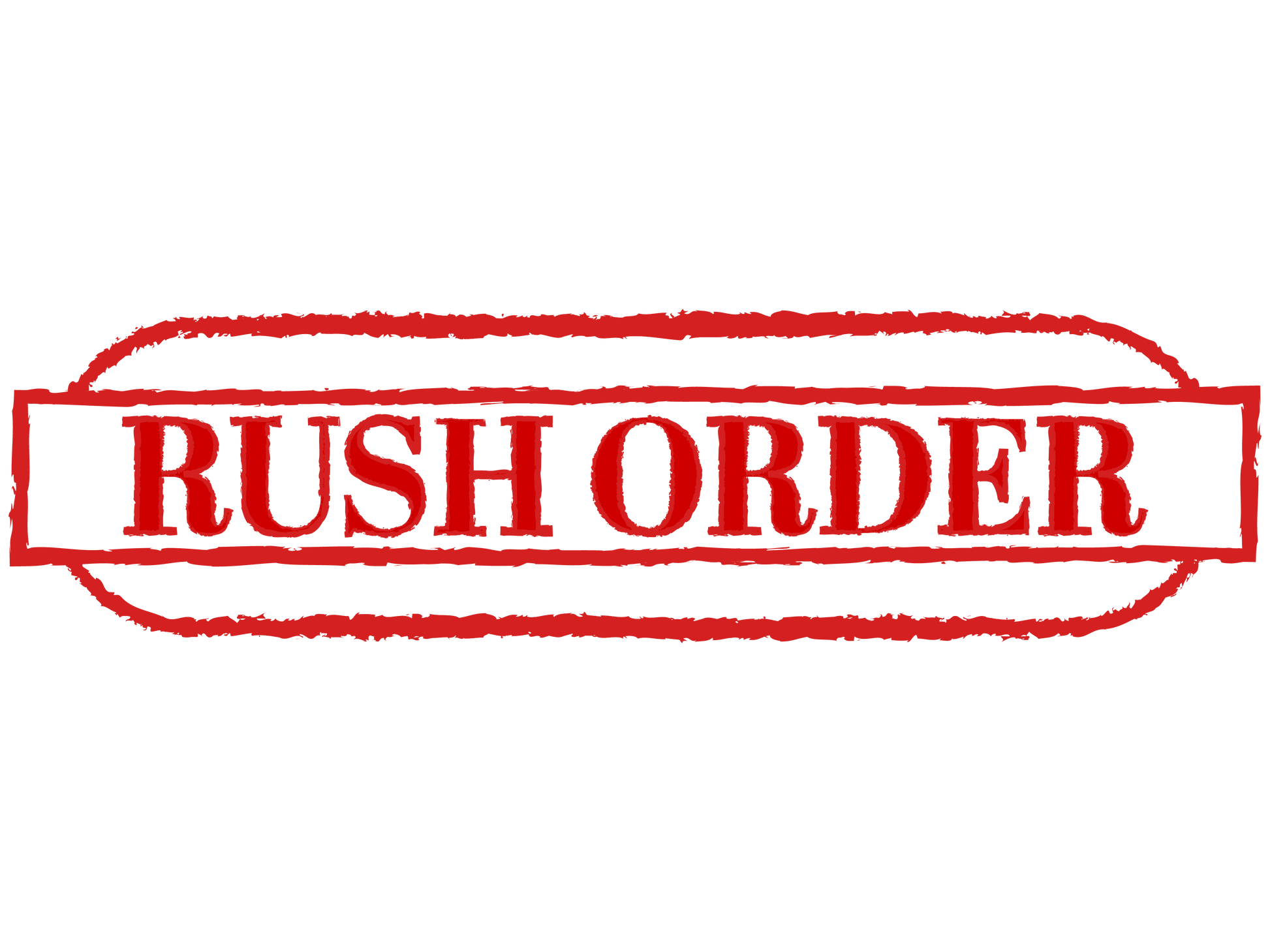 A red and black stamp-like graphic with bold text in the center that reads "Rush Order - Radio/PNP." The design features rough edges and rectangular borders around the text, emphasizing faster shipping and reduced production time.