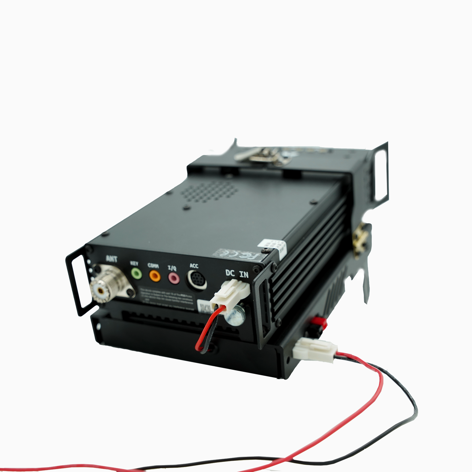The Xiegu G90-H1 Cooling Bracket is designed to mount a black electronic device featuring multiple rear panel ports labeled "ANT," "NET," "COM," and "DC IN." Red and black wires connect into the DC IN port, while the bracket itself includes two side brackets for easy installation.