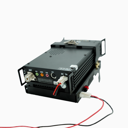 The Xiegu G90-H1 Cooling Bracket is designed to mount a black electronic device featuring multiple rear panel ports labeled "ANT," "NET," "COM," and "DC IN." Red and black wires connect into the DC IN port, while the bracket itself includes two side brackets for easy installation.
