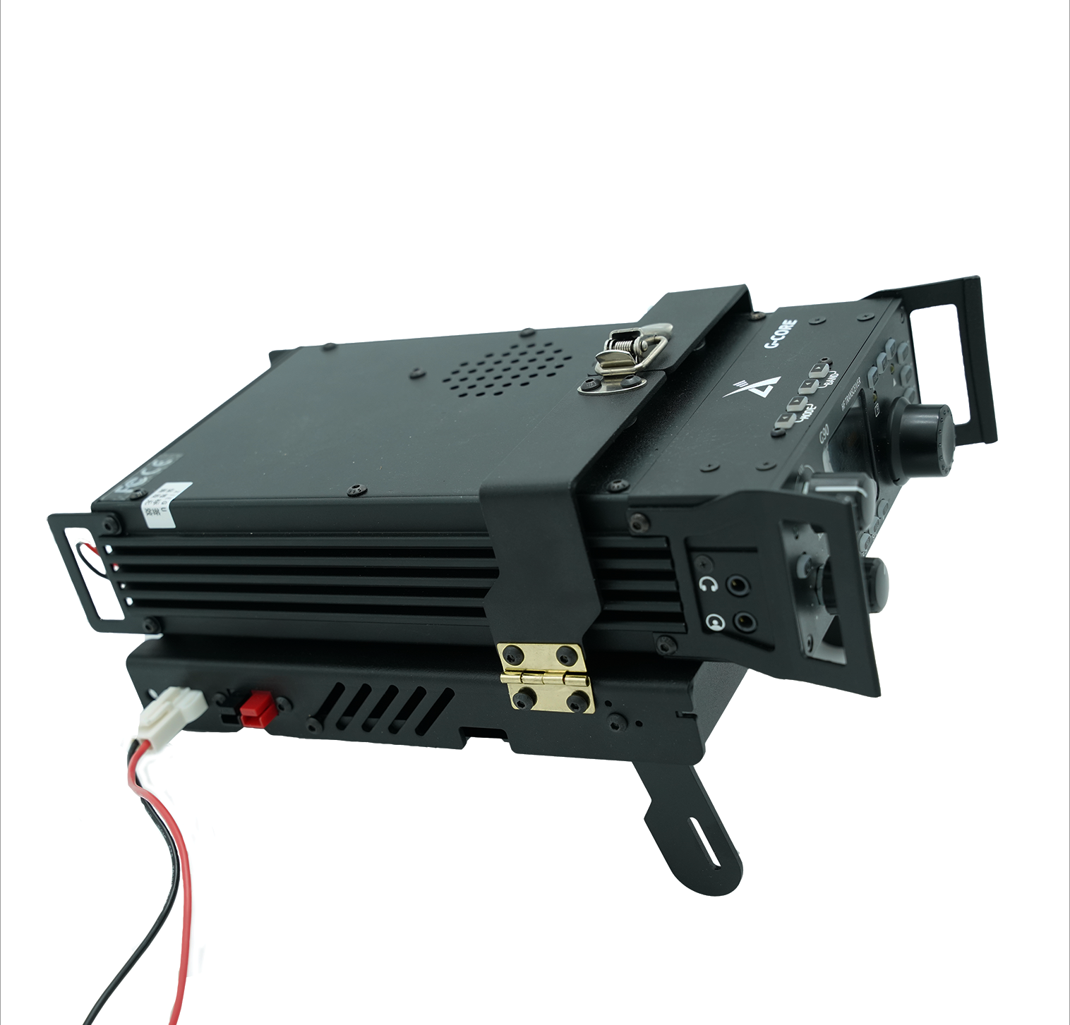 A black Xiegu G90-H1 Cooling Bracket cradles an amateur radio transceiver with a sturdy metal housing, two manual knobs, and multiple connection ports at the front. The device is positioned at an angle, showing attached cables and the mounting bracket. It features a smart temperature sensor for efficient cooling.
