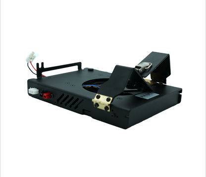 The Xiegu G90-H1 Cooling Bracket is a black internal computer component equipped with connectors and wires. It features a sturdy metal bracket and an efficient fan as part of its cooling system. The unit has a compact rectangular shape with various small parts, including a red switch and pins, all of which stand out against the white background that highlights the device's intricate design.
