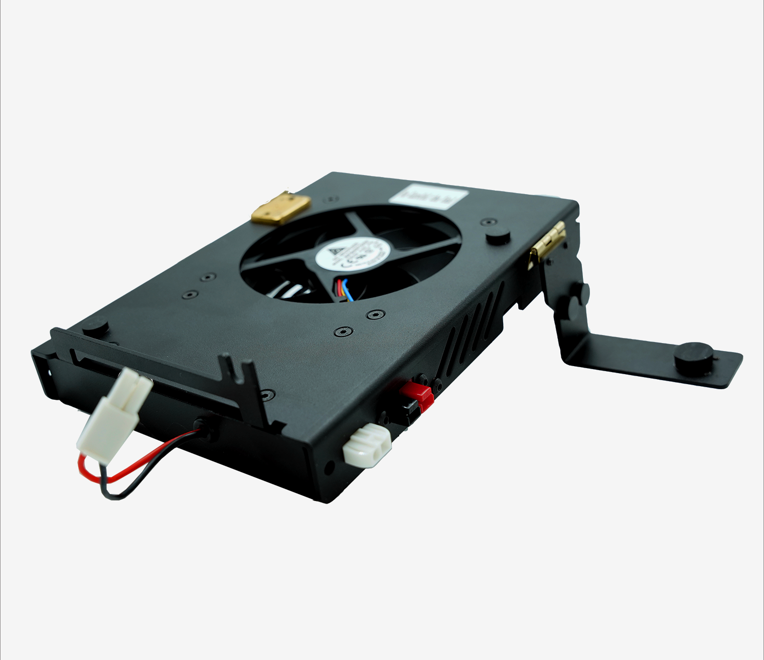 The Xiegu G90-H1 Cooling Bracket is a black cooling fan component designed for computers. It features a central fan, a small circuit board, and multiple ports. The unit includes a white power connector and has a metal bracket on the right side for mounting. This efficient cooling system also integrates a smart temperature sensor. The product is displayed against a plain white background.