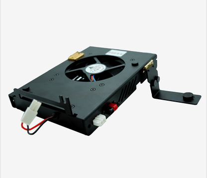 The Xiegu G90-H1 Cooling Bracket is a black cooling fan component designed for computers. It features a central fan, a small circuit board, and multiple ports. The unit includes a white power connector and has a metal bracket on the right side for mounting. This efficient cooling system also integrates a smart temperature sensor. The product is displayed against a plain white background.