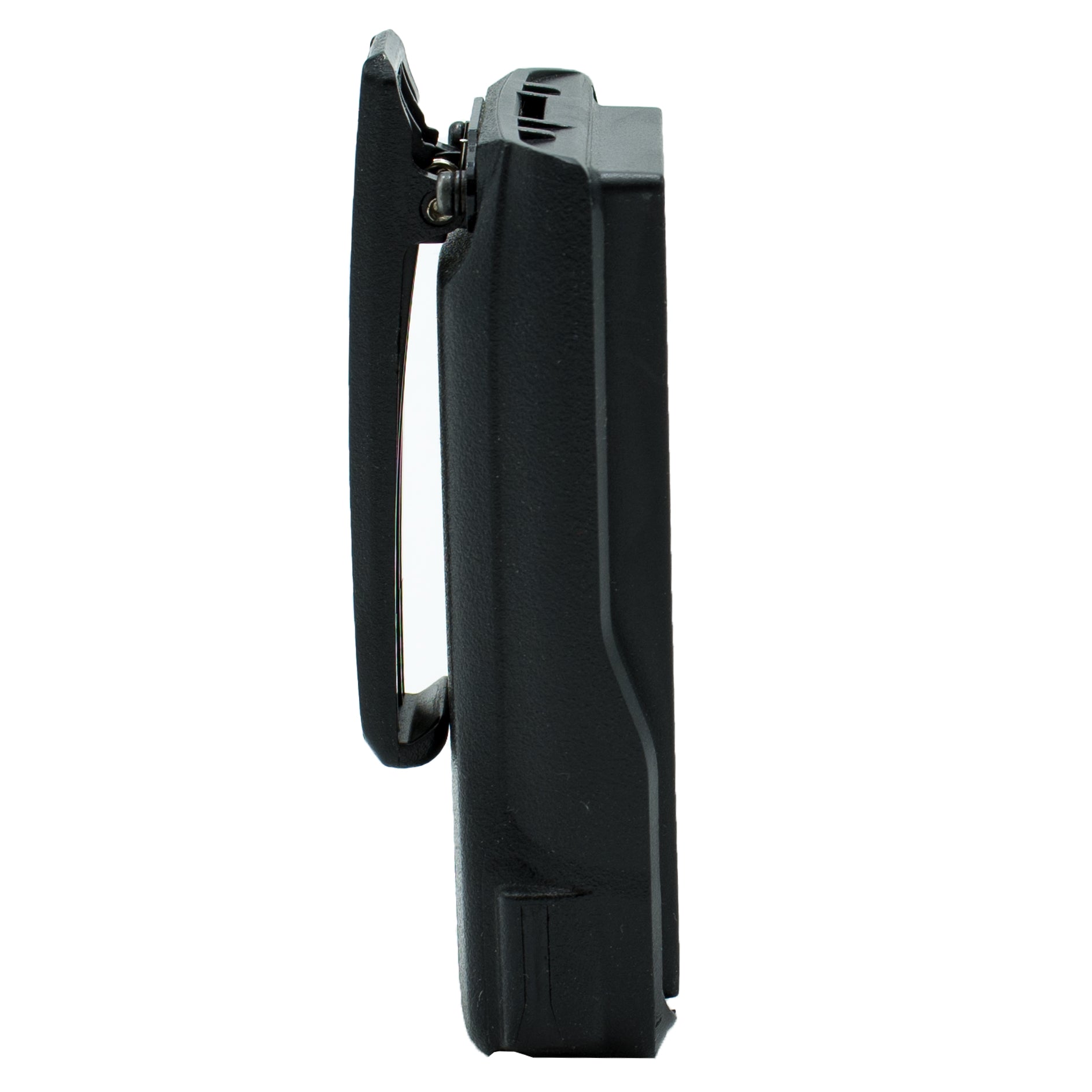 Side view of the black, compact AnyTone AT-D878UV handheld device with the AnyTone Belt Clip for AT-D878UV Series attached. The rectangular shape features slight contours for a better grip, ensuring easy handling and accessibility.