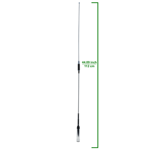 A sleek AnyTone Tri-band (144/220/440) antenna, designed for the AT-D578UV Tri Band DMR Mobile radio system, is displayed on a white background with its length marked at 44.09 inches (112 cm) in green text. This versatile antenna features segments of varying thickness and a stylish black and silver base.