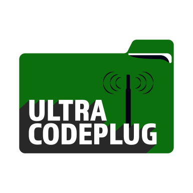 A green and dark gray folder icon with "ULTRA CODEPLUG" written in bold white letters. Above the text, there is an illustration of an antenna emitting radio waves, perfect for any BridgeCom Plus (Lifetime Membership) with FREE Ultra Codeplug enthusiasts.