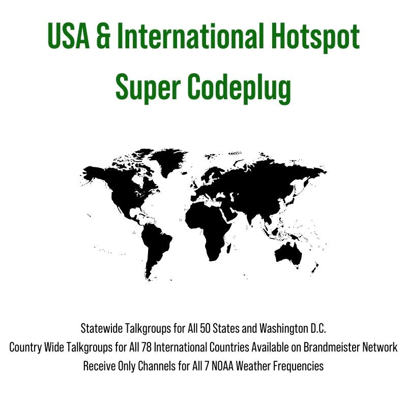 A graphic with the text "USA & International Hotspot Super Codeplug" displayed above a silhouette of a world map. Below, additional text states: "Statewide Talkgroups for All 50 States and Washington D.C., plus Country Wide Talkgroups for 78 International Countries on Brandmeister Network. Compatible with SkyBridge Handheld and AnyTone DMR models.