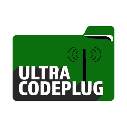 The Green and black logo, resembling a file folder, features the text "ULTRA CODEPLUG." To the right of the text, there is a stylized antenna with curved lines representing signal waves. A white outline in the top right corner of the logo harkens to BridgeCom Plus's exclusive private community.