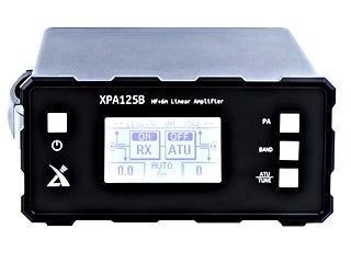 The Xiegu XPA125B Hi-Gin Linear Power Amplifier, complete with a digital display showing RX and Automatic Antenna Tuner settings, features buttons for PA, BAND, and ATU/TUNE on the front panel along with a rotary dial to the left. This high-performance device delivers 125 Watts of power.
