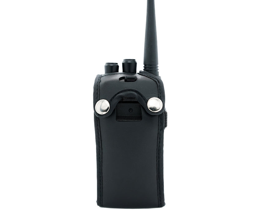 A Heavy Duty AnyTone 868/878 Protective Case for a black two-way radio with an attached antenna, encased in protective faux leather and featuring silver snap buttons on the front.