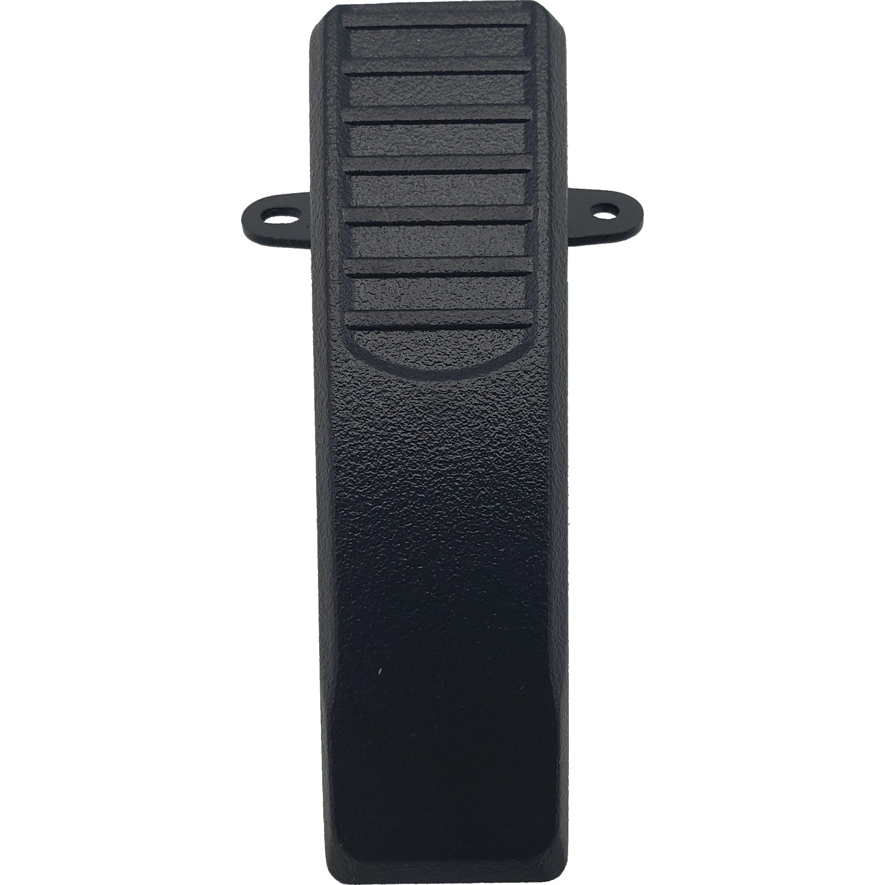 The image shows a black plastic foot pedal switch with a textured, grooved surface for grip. It features two mounting holes on the sides for attachment, making it perfect for securely integrating with accessories like the AnyTone Belt Clip for AT-D878UV Series.