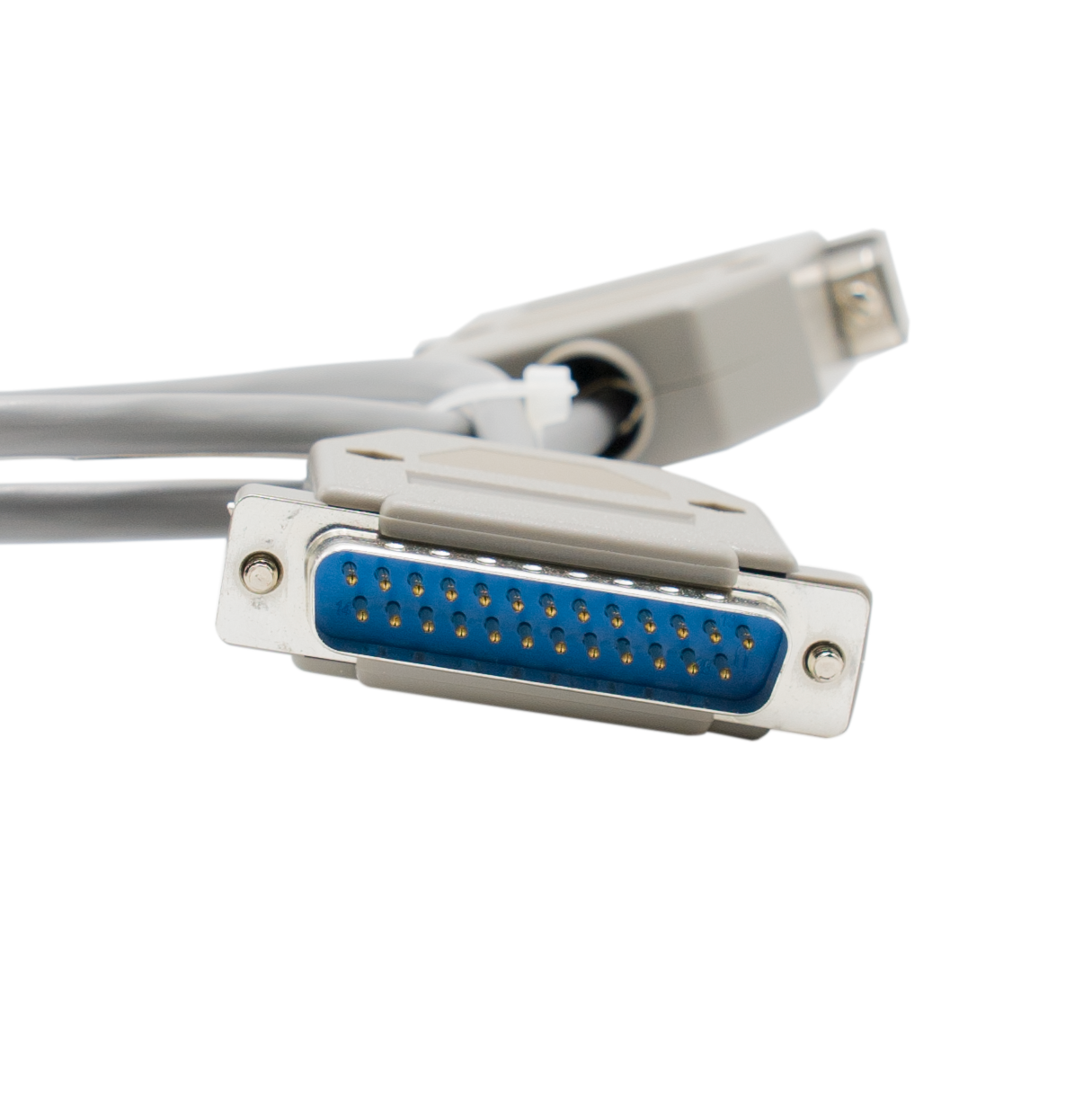 A close-up image of the BCR to STM32_DVM Modem- 2 ft grey computer cable with two connectors. One end features a 25-pin D-sub (DB-25) connector with a blue backing, perfect for connecting to a Modem Pi-Hat, while the other end has a 9-pin D-sub (DB-9) connector. Both connectors are metallic with plastic housing.