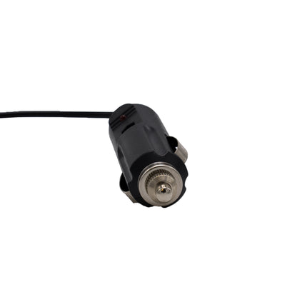 Close-up of a black car cigarette lighter adapter with a visible metal tip and a thin black cable extending from the back, part of the AnyTone AT-D868UV / AT-D878UV Mobile Battery Charging Kit. The adapter is positioned horizontally with the tip facing the camera, ready to connect to any 12V power point cord.