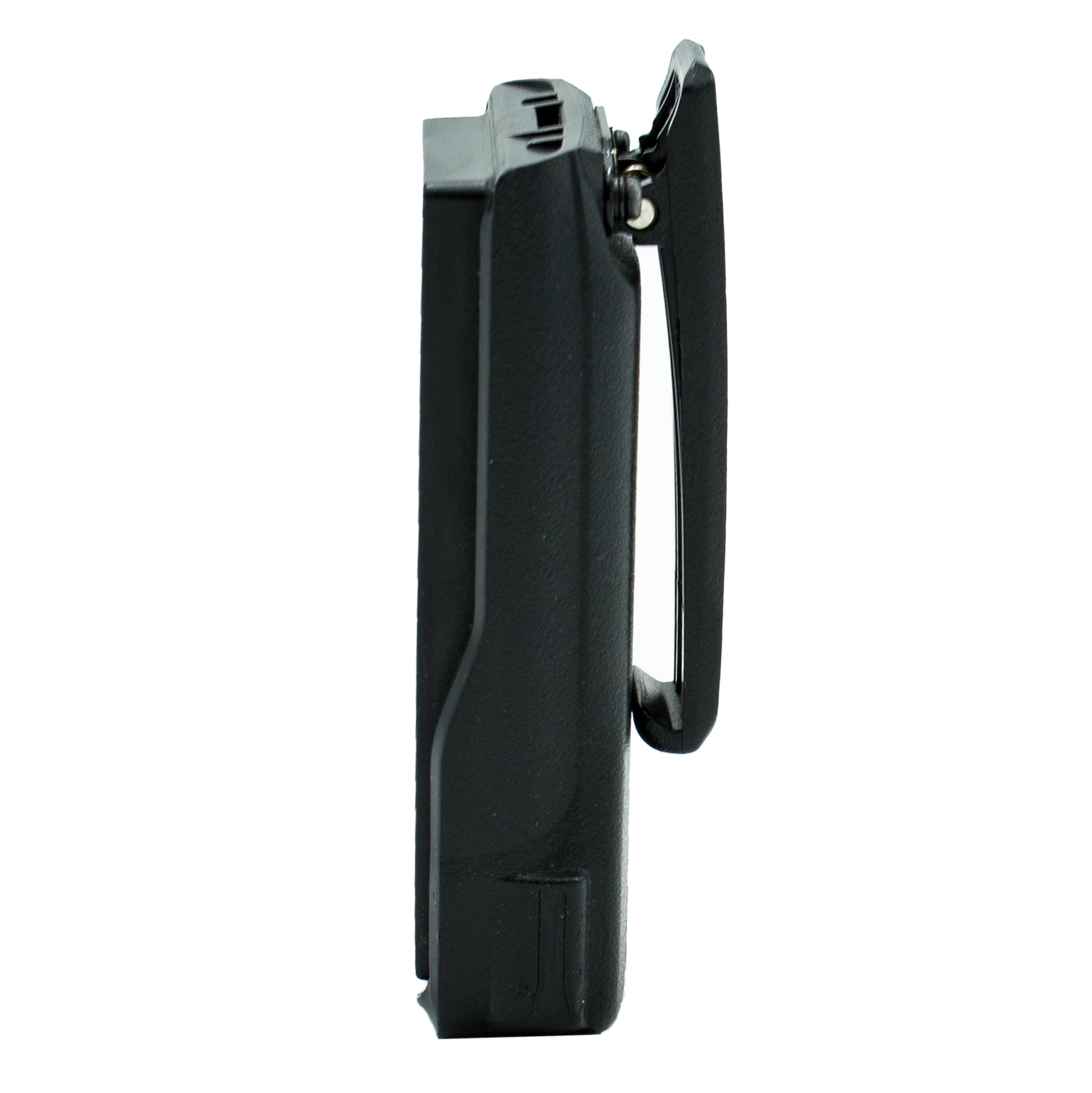 Side view of a black AnyTone AT-D878UV walkie-talkie with an AnyTone belt clip. The device boasts a robust, compact design with a textured surface for better grip. The belt clip on the back enhances its portability, and there's even space for a spare battery to keep you connected longer.