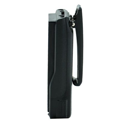 Side view of a black AnyTone AT-D878UV walkie-talkie with an AnyTone belt clip. The device boasts a robust, compact design with a textured surface for better grip. The belt clip on the back enhances its portability, and there's even space for a spare battery to keep you connected longer.