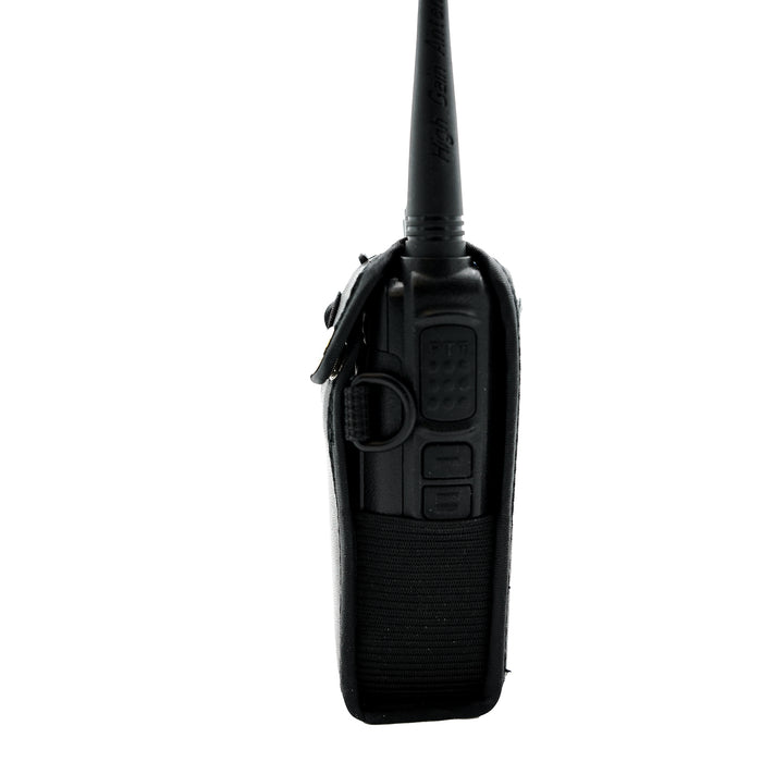 Side view of a black handheld two-way radio with a visible antenna. The device has a compact design and includes buttons and a keypad on the side. It is encased in the Heavy Duty AnyTone 868/878 Protective Case, providing both style and protection.