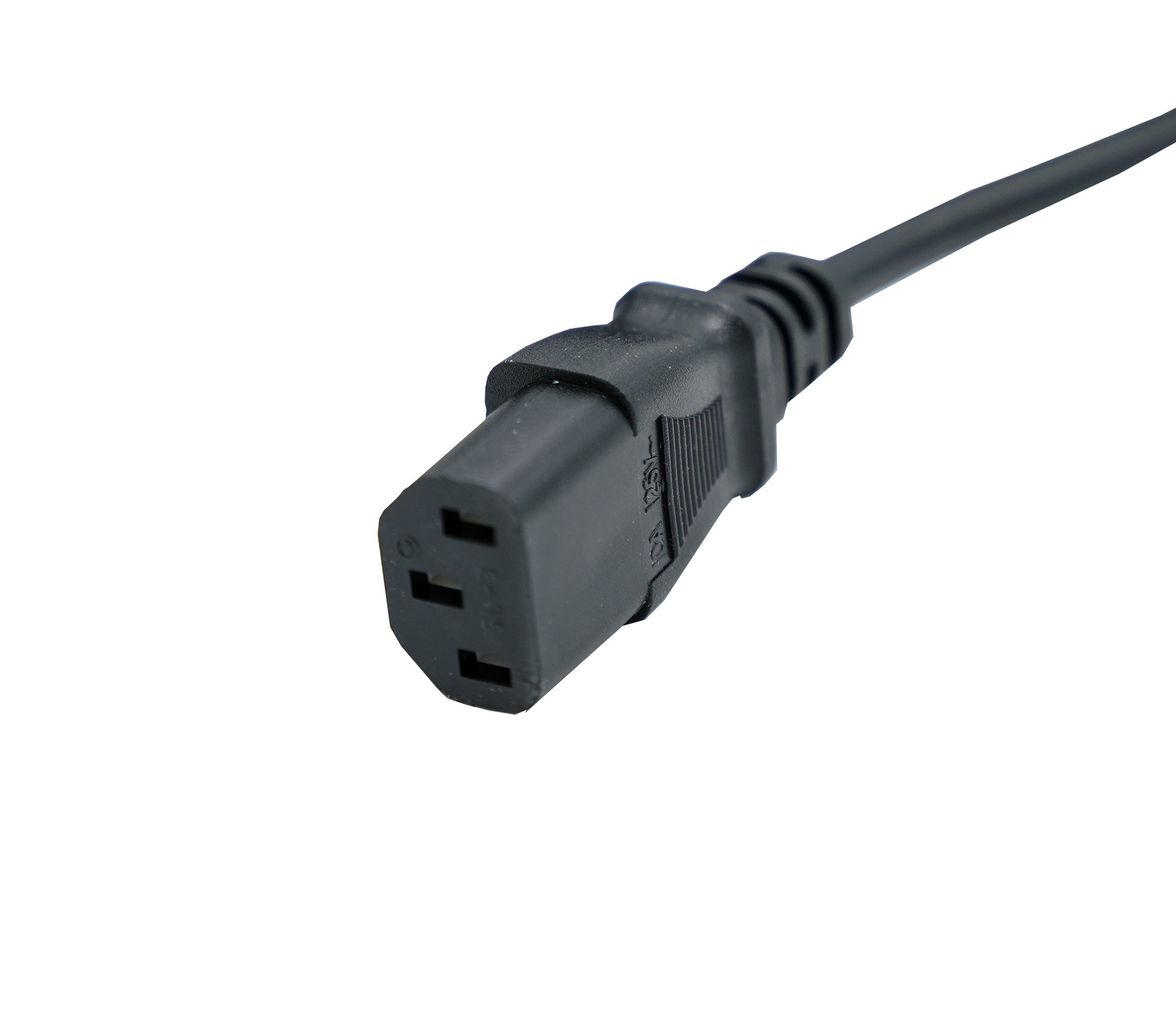 Close-up of the power cord from the Duracomm LPX-18BC Power Supply with Built-In Battery Charger, featuring a black rectangular three-pin connector. The grounded design includes three prongs, commonly used in computing or electronic devices that require a specific AC input voltage. The cord extends out of the frame to the right.