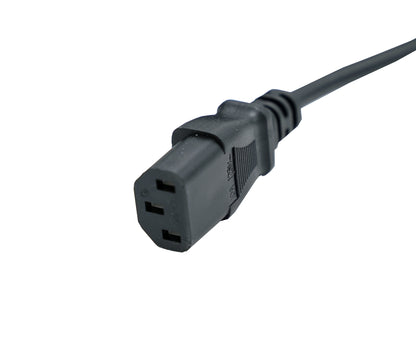 Close-up of the power cord from the Duracomm LPX-18BC Power Supply with Built-In Battery Charger, featuring a black rectangular three-pin connector. The grounded design includes three prongs, commonly used in computing or electronic devices that require a specific AC input voltage. The cord extends out of the frame to the right.