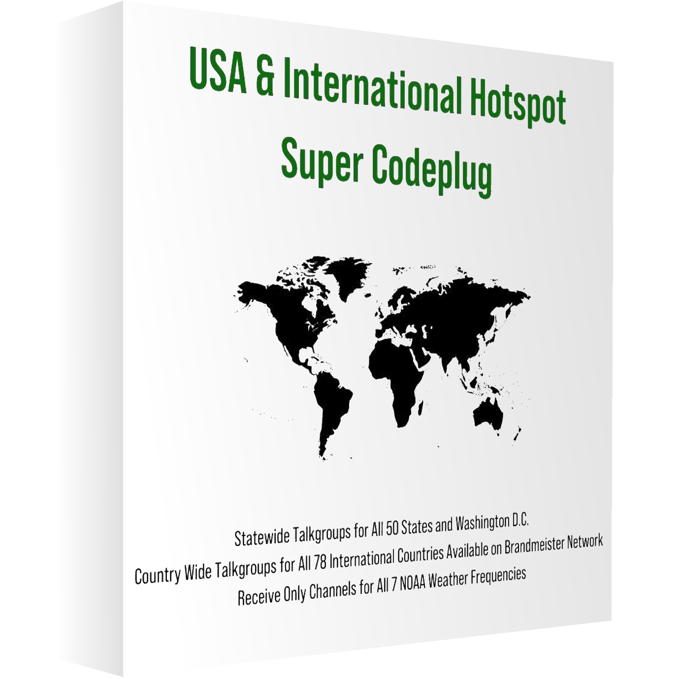 A white box with green text titled "BridgeCom Plus (Lifetime Membership) with FREE Ultra Codeplug" above a black world map. It lists features: Statewide Talkgroups for All 50 States and Washington D.C., Country Wide Talkgroups for 78 International Countries, Weather Channels, and Digital Mobile Radio integration.