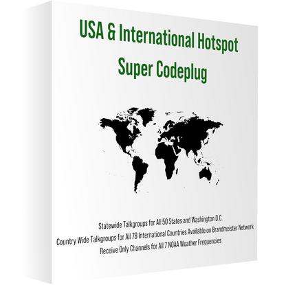 A white box with green text titled "BridgeCom Plus (Lifetime Membership) with FREE Ultra Codeplug" above a black world map. It lists features: Statewide Talkgroups for All 50 States and Washington D.C., Country Wide Talkgroups for 78 International Countries, Weather Channels, and Digital Mobile Radio integration.